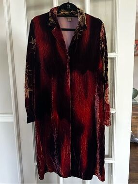Harari Womens Duster Jacket M Burgundy Floral Silk Velvet Built In Wrap Scarf